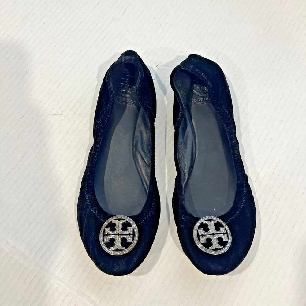 Tory Burch Black Violet Velvet Crystal Embellished Ballet Flats Size 7.5 Shoe